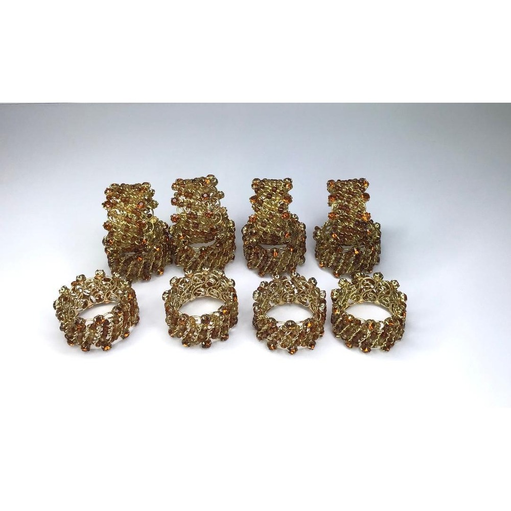 Vtg Napkin Rings Amber Beaded Gold Tone Boho Casual Dining